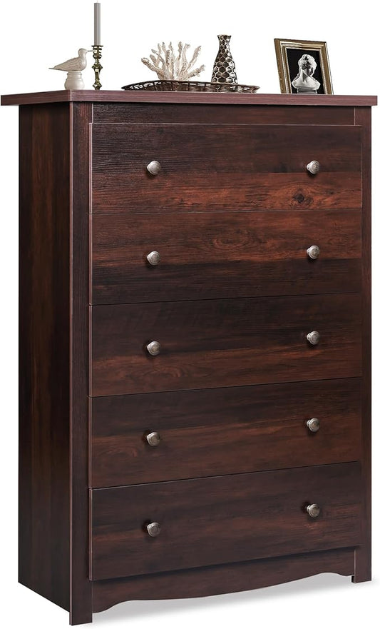WLIVE Wood Dresser with 5 Drawers, Rustic Brown Wooden Storage Cabinet for Bedroom, Modern Organizer Drawers and Closet Dresser for Living Room, Hallway, Measuring 15.75" W*31.50" D*45.35" H