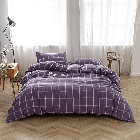 FACE TWO FACE Bedding Duvet Cover Set 3 Pieces 100% Washed Cotton Duvet Cover Linen Like Textured Breathable Durable Soft Comfy (King, Purple Grid)