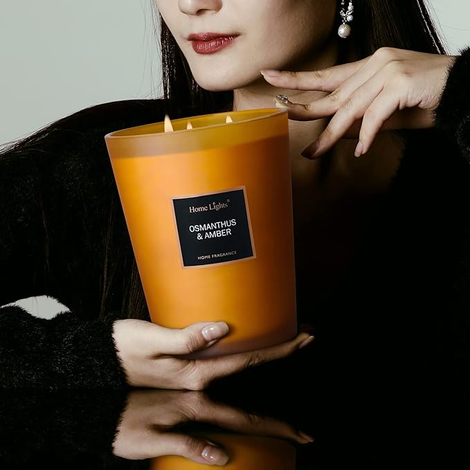 HomeLights Large Jar Candle-33.3 Oz. Natural Soy Aromatherapy Candle | Osmanthus Amber Scent | Up to 130 Hours Burn Time with 3 Cotton Wicks | Home Decorative Fragrance Candle Gift