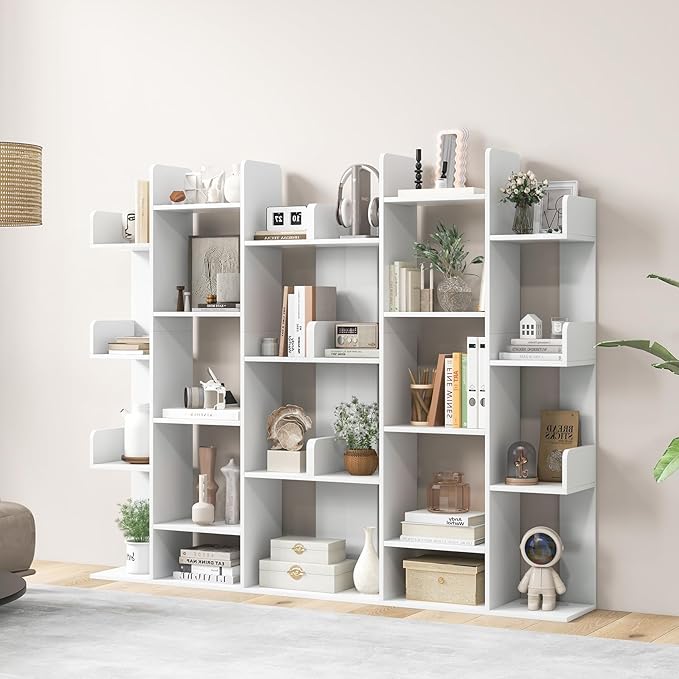 Tangkula Freestanding Tree Bookshelf, Corner Storage Organizer with 13 Open Shelves, Decorative Display Cube Shelf for Living Room, Study, Office, 34 x 9.5 x 55.5 Inch (2, White)