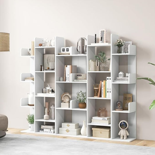Tangkula Freestanding Tree Bookshelf, Corner Storage Organizer with 13 Open Shelves, Decorative Display Cube Shelf for Living Room, Study, Office, 34 x 9.5 x 55.5 Inch (2, White)