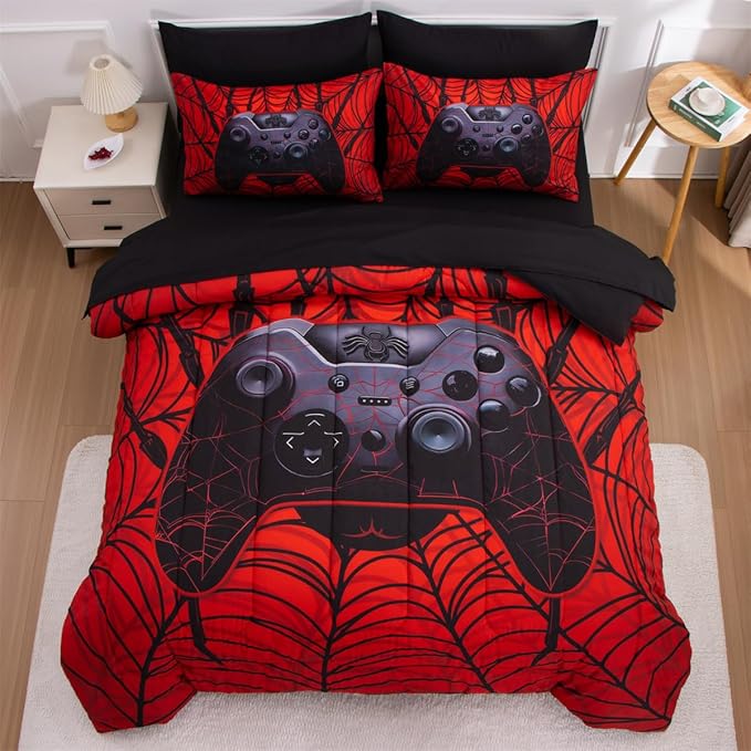 NTBED Game Console Comforter Set for Boys Girls Kids Spider Web GamingLightweight Microfiber Gamer Bedding Sets (Red, Full 5Pcs)
