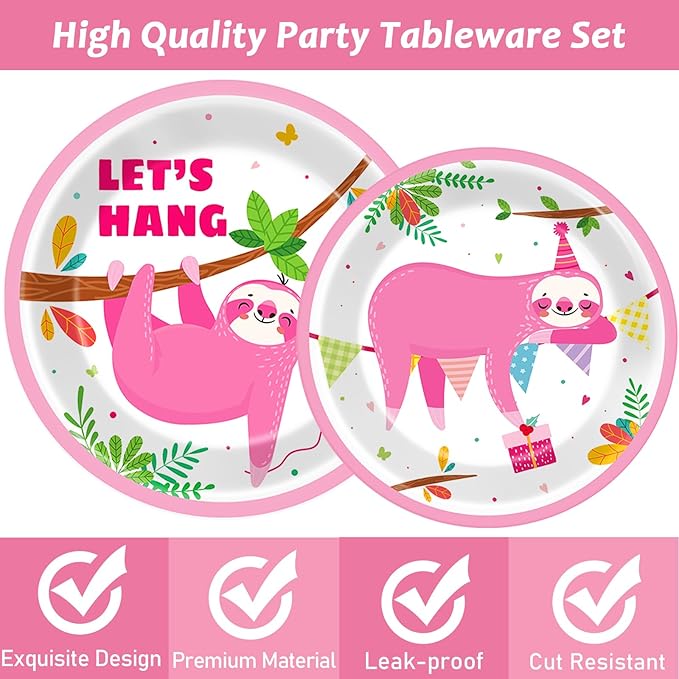Wiooffen 96 Pcs Sloth Animal Party Plates Napkins Tableware Set Pink Sloth Themed Decoration Favors for Baby Shower Birthday Party, 24 Guests