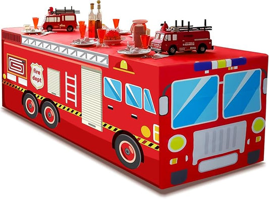 4Ft Fire Truck Birthday Party Tablecloth, Firefighter Party Decorations, Red 48" x 30" Polyester Rectangular Tablecloth for Kids Boys Firefighter Firetruck Theme Parties