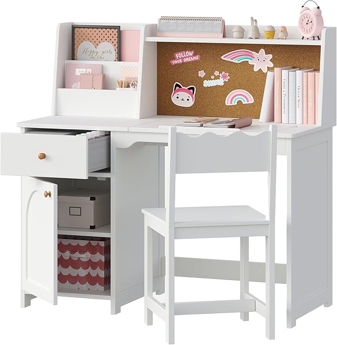 Treocho Kids Study Desk and Chair Set, Kids Desks with Hutch and Tiltable Desktop for 5-12 Years Old, Wooden Children Study Table with Fabric Drawers, Student Writing Desk Bedroom, Home School，White