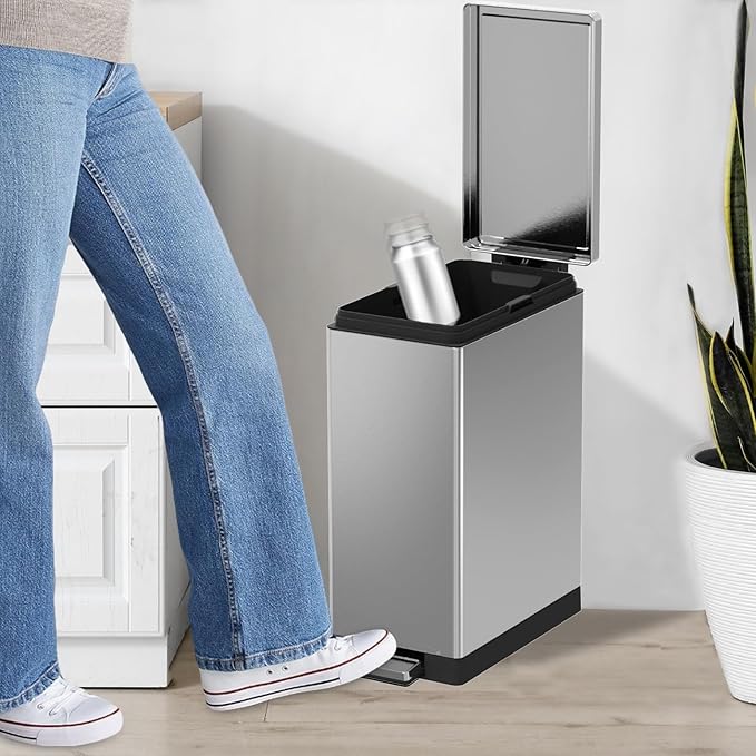 Trash Can with Lid - 45 Liter/12 Gallon Slim Stainless Steel Trash Can Odor Protection Kitchen Garbage Cans with Soft-Close Foot Pedal Anti-Fingerprint for Bathroom Home Office Rectangle
