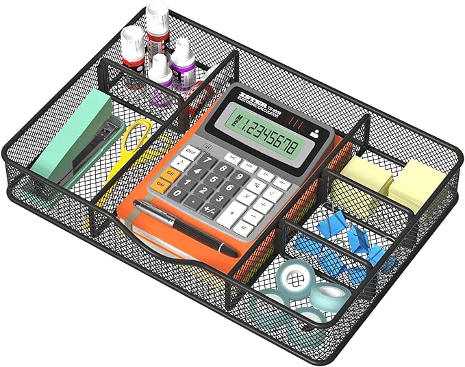Desk Drawer Organizer, Metal Mesh Drawer Organizer Tray with 6 Adjustable Compartment, Tray Organizer for Desktop, Kitchen, Bathroom, Makeup, Vanity - 14.5x8.8x1.96 inch, Black, 1PC Large
