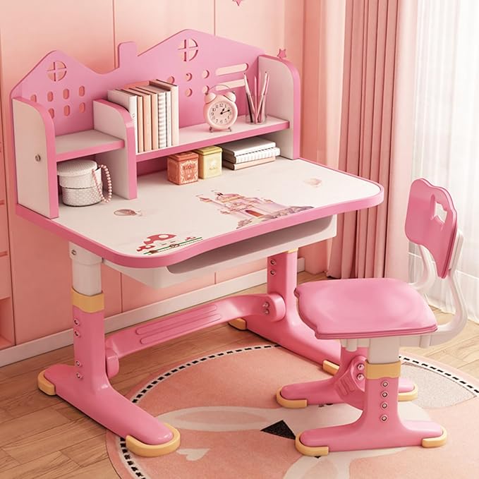 Kids Desk and Chair Set, Height Adjustable Kids Desk with Storage Drawers and Bookshelf, Ergonomic Desk for Kids, Escritorio para NiñOs (Pink)