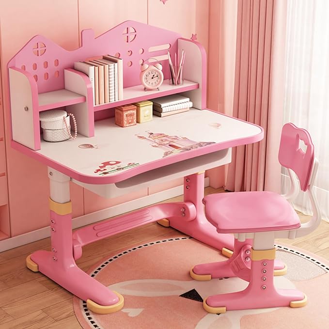 Small Desk, Standing Desk, Desk Chair Set, Widened Desktop Multi Separation Cartoon Pattern Desk Chair Set Kids Adjustable Height Study Table with Drawer Chair Set