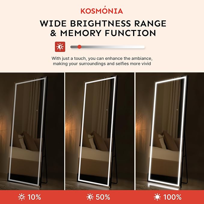 60x16 Frameless Full Length Mirror, Dimmable 3 Color LED Light w/Memory Function, Distortion Free, HD Reflection & Anti Desilvering, Tempered Glass & Shatter Proof Film Doubling Safety