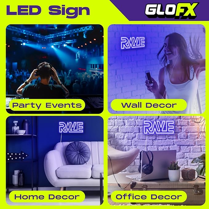 Blue Rave LED Sign | Neon Sign for Wall Decor | USB Powered LED Neon Sign | Small Plug In Sign for Wall or Desk | 4.9 x 11.5 inches