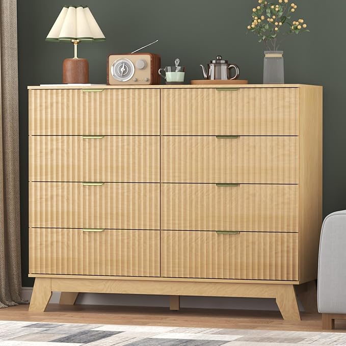 Fluted Dresser for Bedroom,8 Drawer Dresser for Closet Organizer and Storage Cabinet,Chest of Drawers with Gold Handle,TV Stand,Storage Organizer for Living Room,Hallway,Entryway,Nature Oak