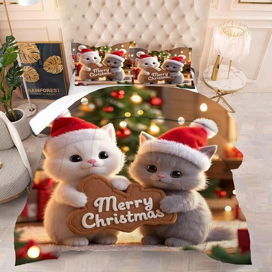 Kids Christmas Comforter Set Full/Queen, Merry Christmas Cat Print Bedding Set for Girls Boys Women and Men, Xmas Bed Set with 1 Comforter and 2 Pillowcases