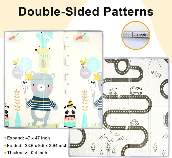 Foldable Baby Play Mat,47" x 47" Baby Playmat for Playpen,0.4 inch Thick Waterproof Anti-Slip Reversible Play Mat for Infant Crawling Baby for 50x50 Playpen