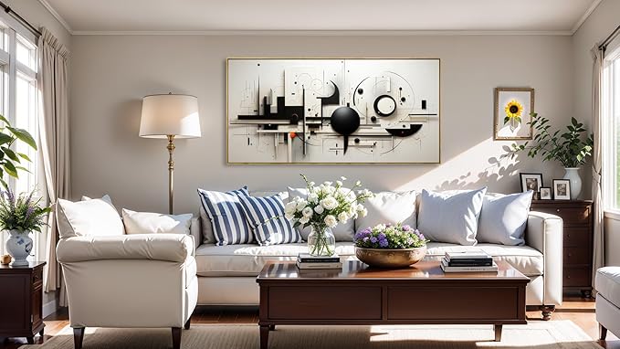 Abstract Wall Art Black and White Modern Artwork Geometric Line Art Canvas Painting Wall Decor for Living Room Bedroom Dining Room Home Office Decor 24"x48" with Framed…