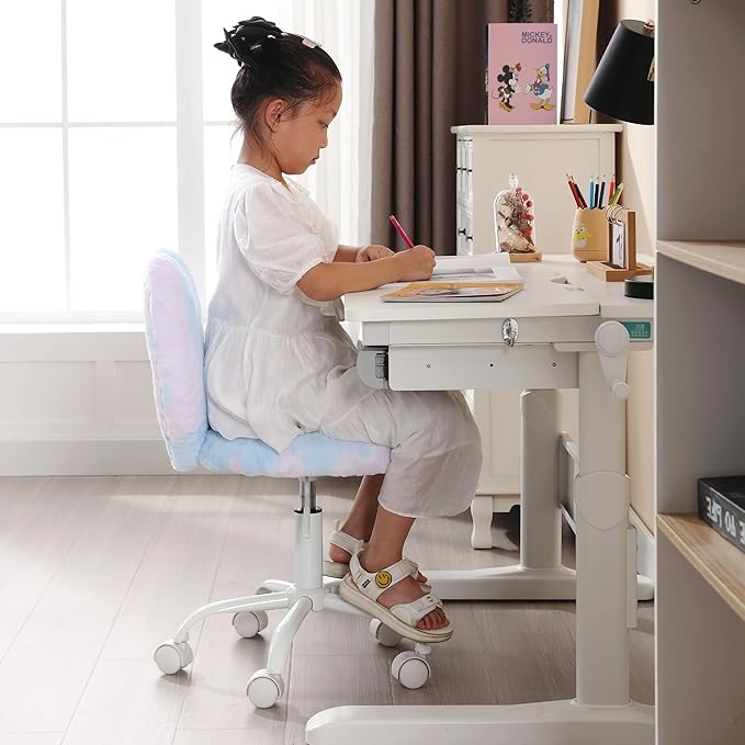 Cute Fuzzy Kids Chair for Children Rolling Study Desk Student Chair for Child Furry Computer Task Chair, Adjustable Heart Shaped Reading Desk Chairs for Bedroom Study,Babay Blue