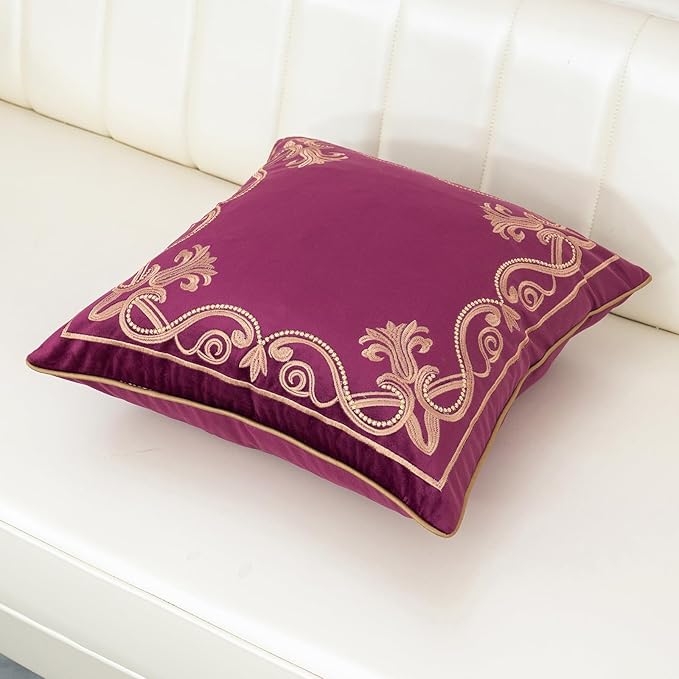 Aeckself Floral Pillow Cover 18x18 Inch, Luxury Velvet Embroidered Decorative Accent Throw Pillow Cover for Couch Bedroom Living Room, Burgundy Red and Gold