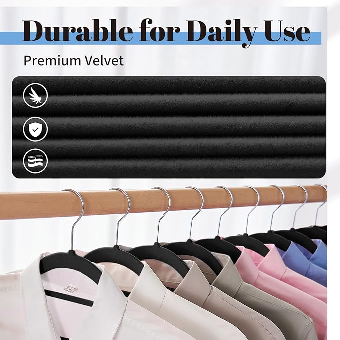 Smartor Black Velvet Hangers 20 Pack, Space Saving Clothes Hangers with Tie Bar, Non-Slip Felt Hanger with Shoulder Notches, Heavy Duty Suit Hanger for Coat, Shirt, Pants, Dress