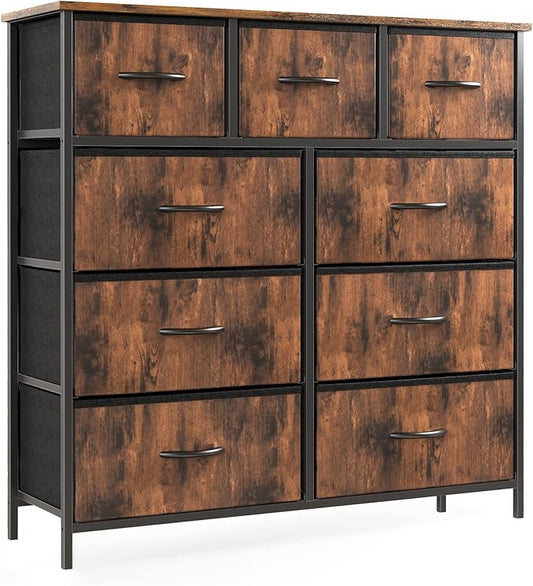 OLIXIS Dresser for Bedroom, 9 Storage Drawers, Tall Large Fabric Storage Tower Organizer, Chest of Drawers with Metal Frame Wooden Top for Nursery, Closet, Living Room, Entryway, Classic Rust Brown