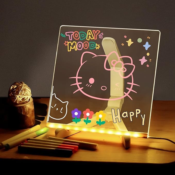 LED Note Board with Colors, Acrylic Dry Erase Board with Light and 7 Colorful Pens, Light up Dry Erase Board with Stand for Family/Office/School/bar/Cafe (11.8 X 7.9”)