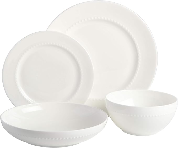 Gibson Elite Embossed Bone China Double Bowl Dinnerware Set, Service for 4 (16pcs), White