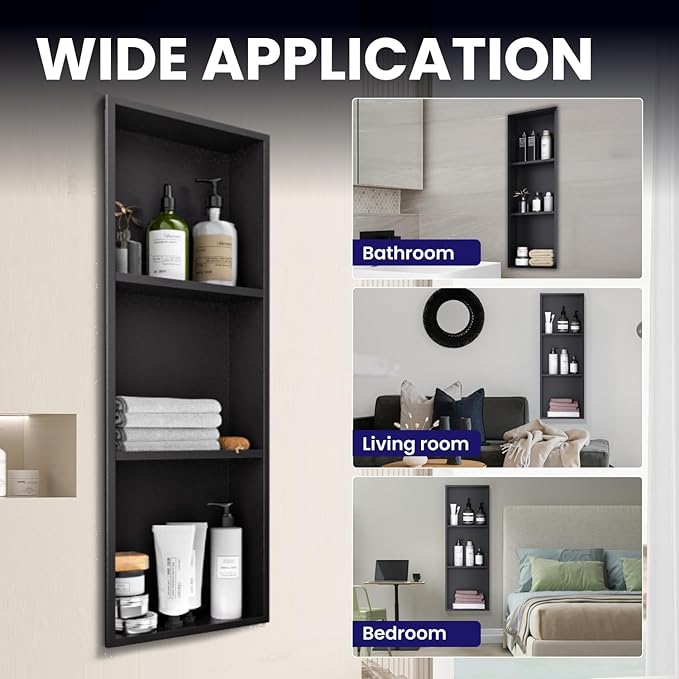 Stainless Steel Shower Niche 12" x 36", 3-Tier Shower Niches No Tile Needed, Recessed Niche for Shower Wall, Shower Niche Shelf for Bathroom Storage, Matte Black