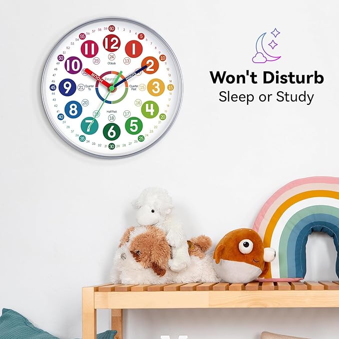 Learning Clock for Kids Learning to Tell Time Easily Colorful Teaching Time Clock Silent Non Ticking Battery Operated Decorative for Kids Room Classroom School Bedroom (8 Inch)
