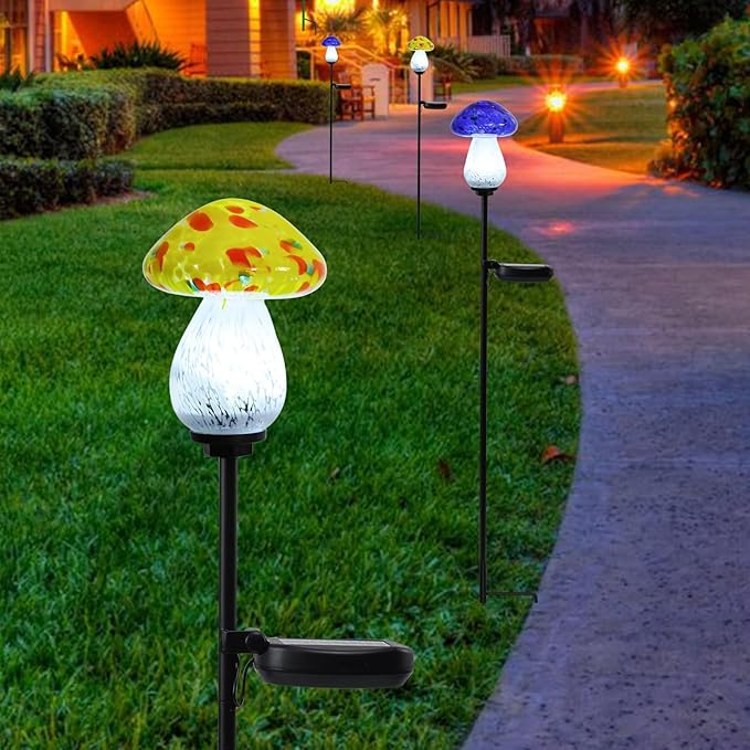 Bshine Mushroom Solar Outdoor Lights, 2 Pack Mushroom Solar Lights Handmade Blown Glass Waterproof Metal Stakes Decoration Garden, Outdoor Yard Art Decoration Pathway, Lawn Ornaments, Gift for Mom