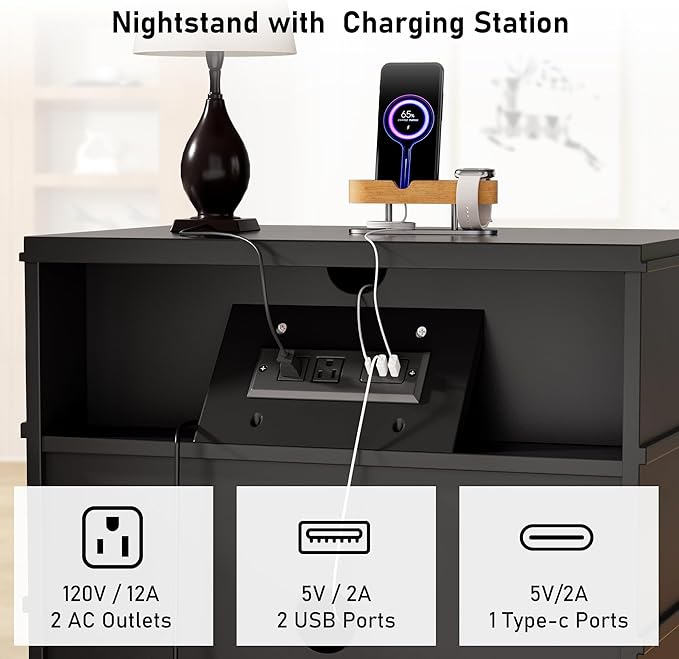 Nightstand with Charging Station, 28" Farmhouse Night Stand & Modern 3 Drawers Dresser for Bedroom,Wood End Table Storage Cabinet for Bedroom Hallway, Entryway, Home Office, Black