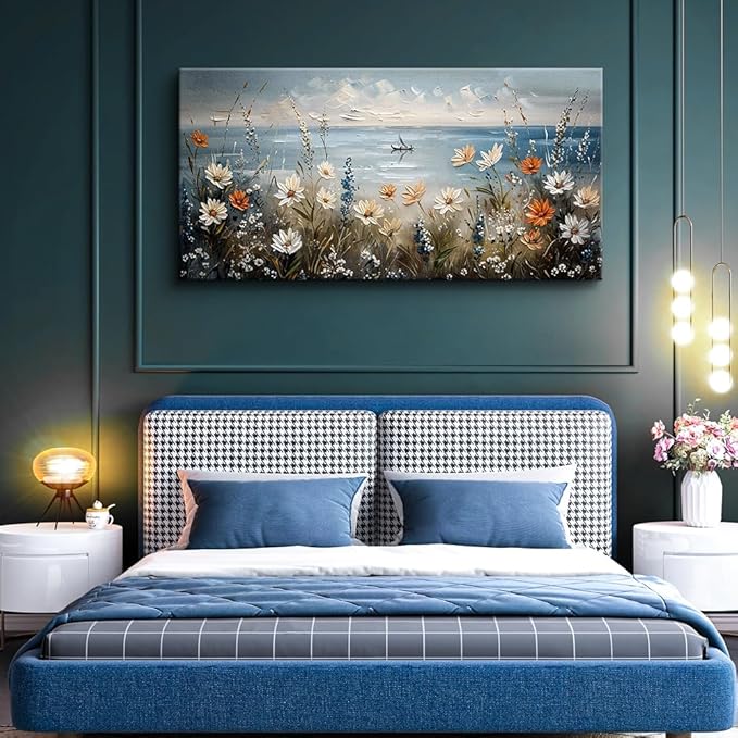 MHARTK66 Large Wall Art For Bedroom Canvas Wall Decor For Living Room Flowers Wall Paintings Blue Ocean Landscape Pictures Artwork Modern Home Decorations For Office Ready To Hang 30"X60"