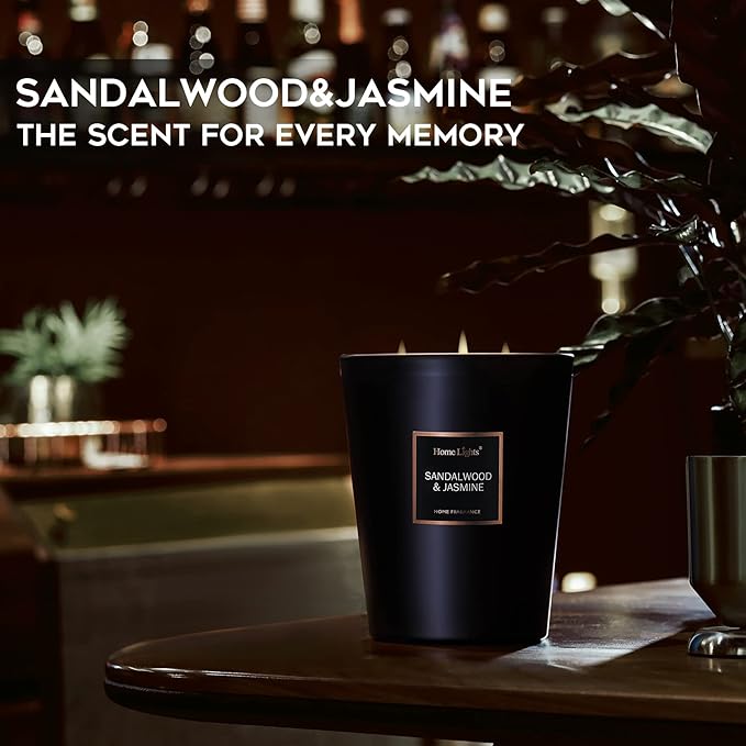 HomeLights Scented Candles | Large Jar 33.3 Oz Natural Soy Candle | 130 hrs with 3 Cotton Wicks, Sandalwood Jasmine Home Fragrance Candles Gift