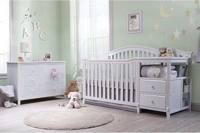 SORELLE FURNITURE Berkley Crib and Changer with Slat Panel Back Classic -in- Convertible Diaper Changing Table Non-Toxic Finish Wooden Baby Bed Toddler Childs Daybed Full-Size Nursery - White
