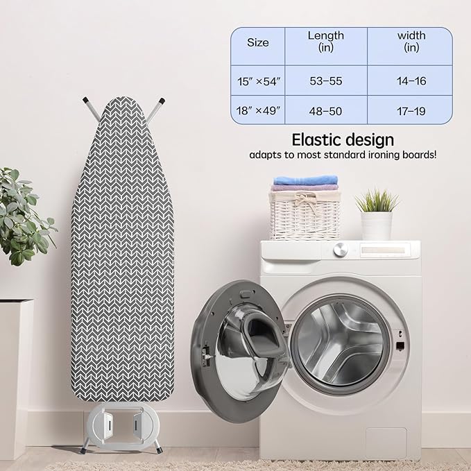 BNDX 15"x54" Ironing Board Cover for Renters – Grey Rye with Thick Padding, 2" Elastic Edge & Dual Buckles, Stain & Scorch Resistant, Easy Installation