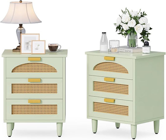 LITTLE TREE Rattan Nightstand Set of 2, Mint Green End Table with 3 Drawers for Couch, Wooden Bedside Table for Living Room, Bedroom, Easy Assembly