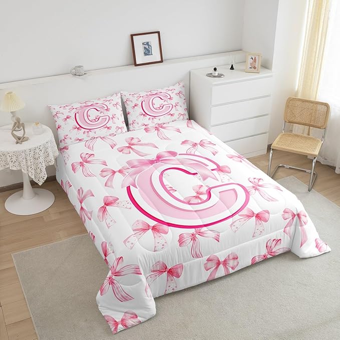 jejeloiu Kids Girls Cute Pink Bow Comforter Set King Size Coquette Bow Knot Bedding Set Ultra Soft Personalized Initial C Duvet Quilt Monogrammed Quilt Set Room Decor Modern Fashion Comforter