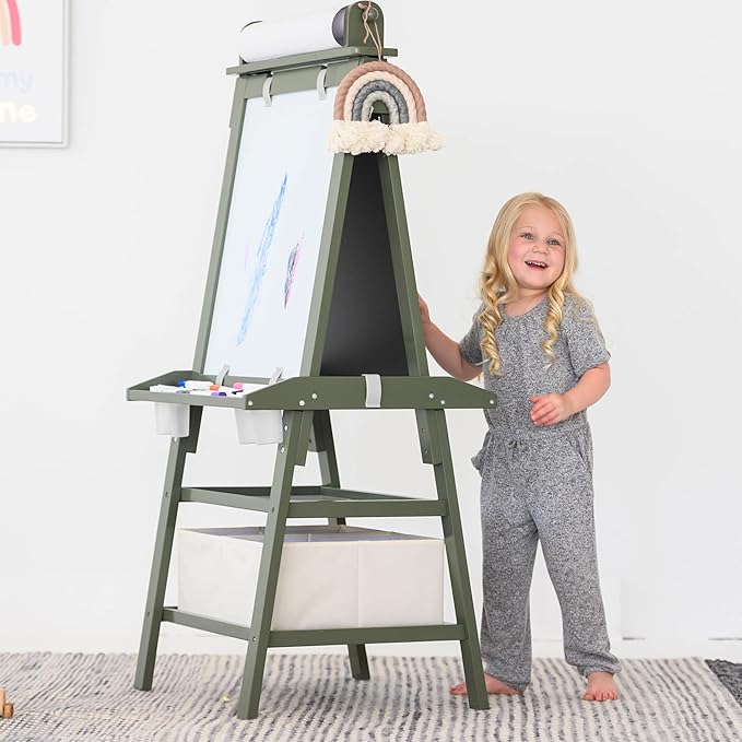 Little Partners Deluxe Learn 'N Play Toddler Easel for Kids, Two-Sided Art Center with Chalkboard, Magnetic Dry Erase Whiteboard, Paper Feed, Storage Bins, Paint Containers (Olive Green)