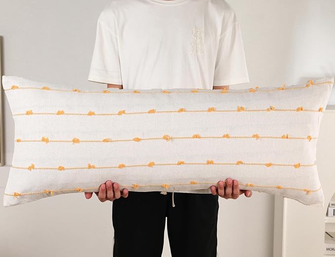 Long Lumbar Throw Pillow Cover 16x36,Stripe Pattern Cotton Yellow Boho Extra Long Decorative Pillow Cover Pillow Case Cushion Cover for Bed Sofa Couch Farmhouse,Skinny Modern Accent