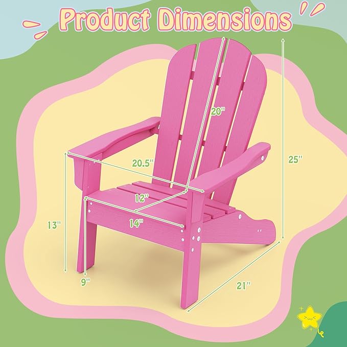 Giantex HDPE Kids Adirondack Chair - All-Weather Lawn Toddler Chair with Ergonomic Design, Children’s Outdoor Chair for Toddlers Ages 3-8, Kid’s Patio Furniture for Deck, Garden (4, Pink)