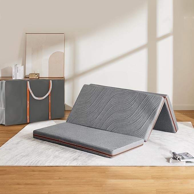 Sweetnight Trifolding Mattress with Storage Bag - 4 Inch Grey Full Size Memory Foam Mattress with Washable Cover | Foldable Memory Foam Topper Portable for RV, Travel, Guest Bed