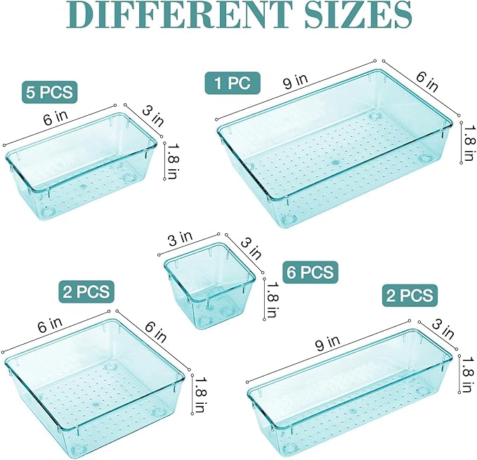 16 PCS Drawer Organizer Set, 5 Varied Size Bathroom and kitchen Drawer cabinet organizer Trays, Clear Storage Bins for Makeup, Jewelry, Utensils and Gadgets