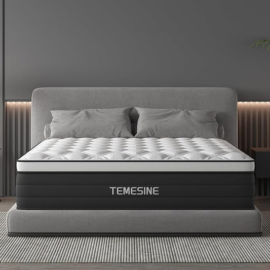 King Size Mattress, 14 Inch Hybrid Mattress in a Box with Individual Pocket Spring, Gel Memory Foam and Euro Top, Medium Firm Feel with Motion Isolation, Pressure Relief, Edge Support,Black
