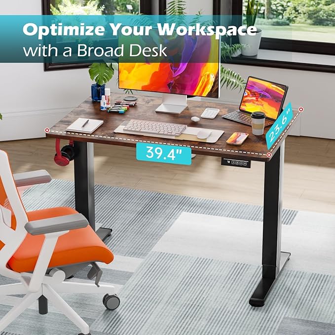 PayLessHere 40 Inch Electric Standing Desk with Large Space and Headphone Holder Office Desk with Electric Lifting and Memory Function,Brown