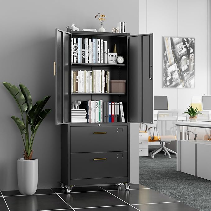 Aobabo Metal 2 Drawers Lateral File Storage Cabinet and Unit Adjustable Shelf Organizer, 2 Door Storage Office Steel Files Cabinet with Wheels, Legal/Letter A4 Size, Assembly Required, Black