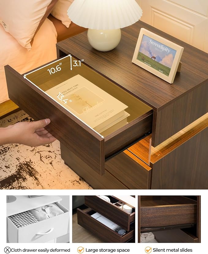 Bingoday LED Nightstand Wood LED Bedside Tables LED Night Stand with 3 Drawers End Side Tables for Bedroom Living Room