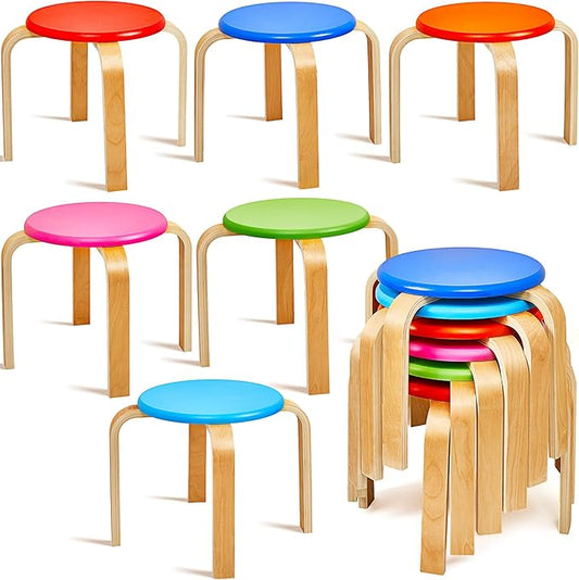 Sintuff 12 Inch Wood Stackable Classroom Stools Bentwood Stacking Chairs for Kids Colorful Round Nesting Stools Pack of 6 for Toddlers Adult Playroom Daycare Home Office