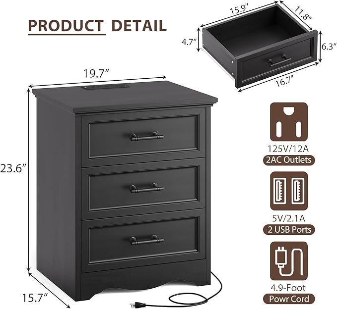 Nightstand Set of 2, Farmhouse Night Stand with Charging Station, Black Wood Bedside Table & End Table with 3 Drawers, Side Table Storage Cabinet with Metal Handles for Bedroom, Living Room