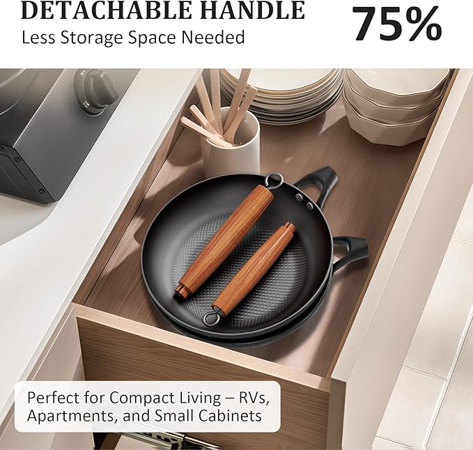 YUTANN Nonstick Frying Pan 12 inch, Ceramic Cast Iron Skillet, Lightweight Pre-seasoned Cast Iron Pan with Detachable Handle, Dishwasher & Oven Safe, Free of PFAS and PFOA