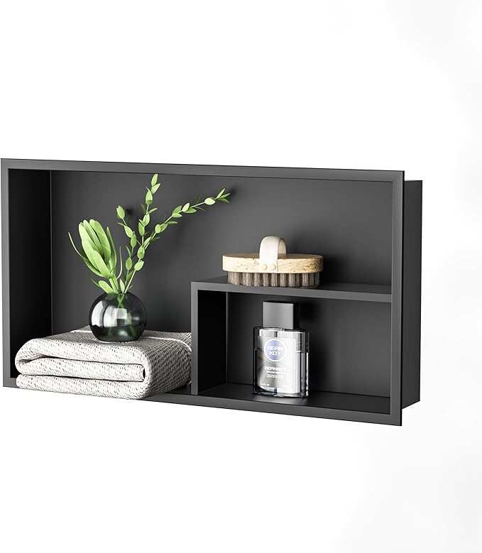 Stainless Steel Shower Niche 12"×24" Matte Black No Tiled Needed Horizontal Niche Shower for Bathroom Wall Recessed Shower Shelf