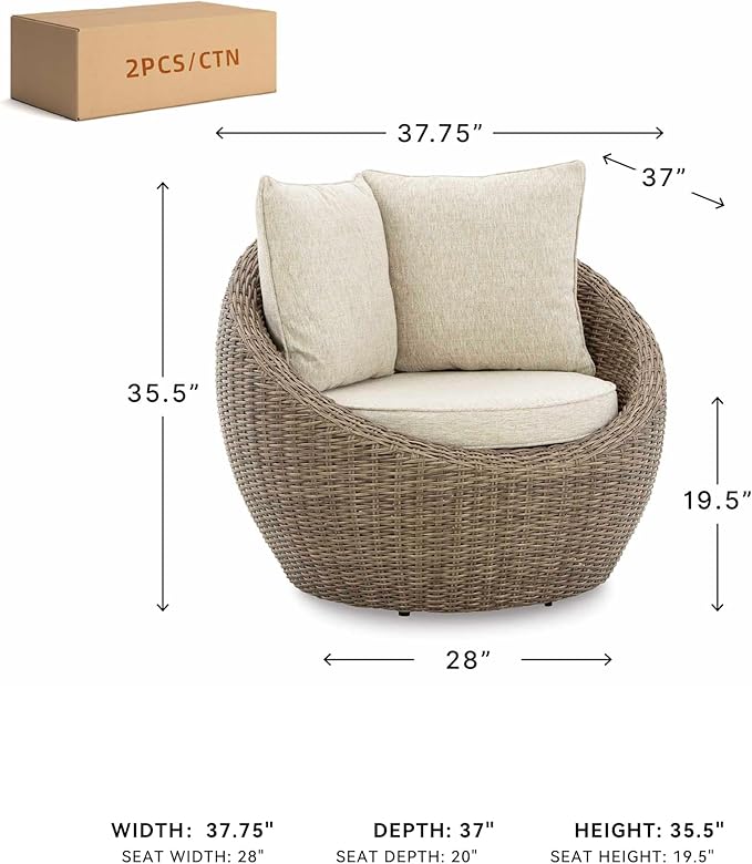Signature Design by Ashley Danson Outdoor Lounge Chair with Cushion and 360-Degree Swivel, Set of 2, UV-Resistant Performance Fabric and Resin Wicker, Light Brown