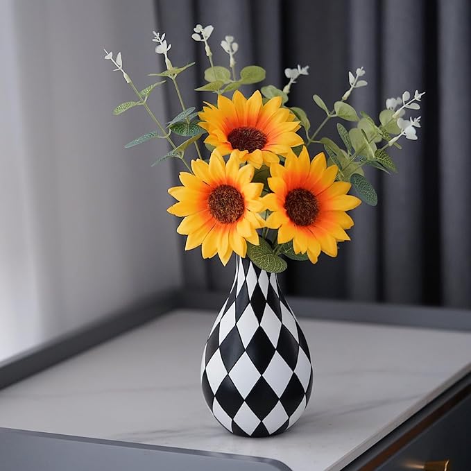 Black and White Decorative Vase for Home Decoration,Plaid Living Room Flower Vase Simple Modern Home Decoration Ornament Desktop Study Decorative Flower Arrangement